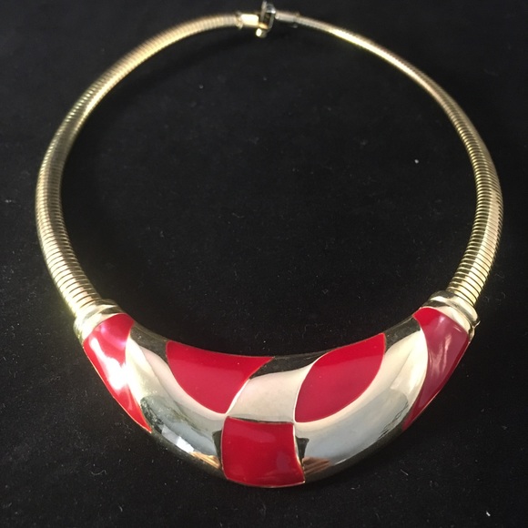 80’s Vintage Gold/Red Enamel Omega Necklace - Picture 2 of 7